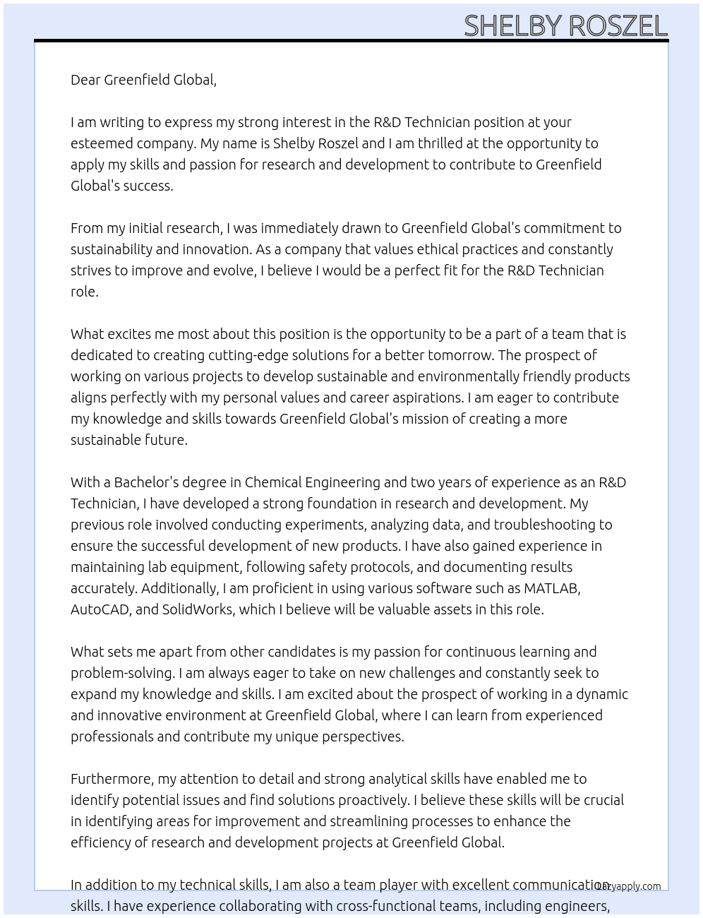 R&D Technician At Greenfield Global Cover Letter