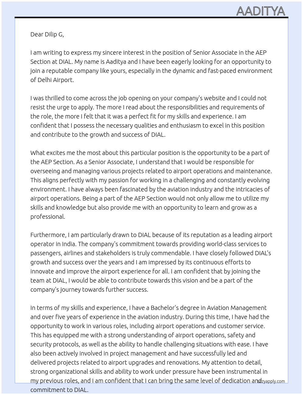 senior associate AEP Section At DIAL Cover Letter