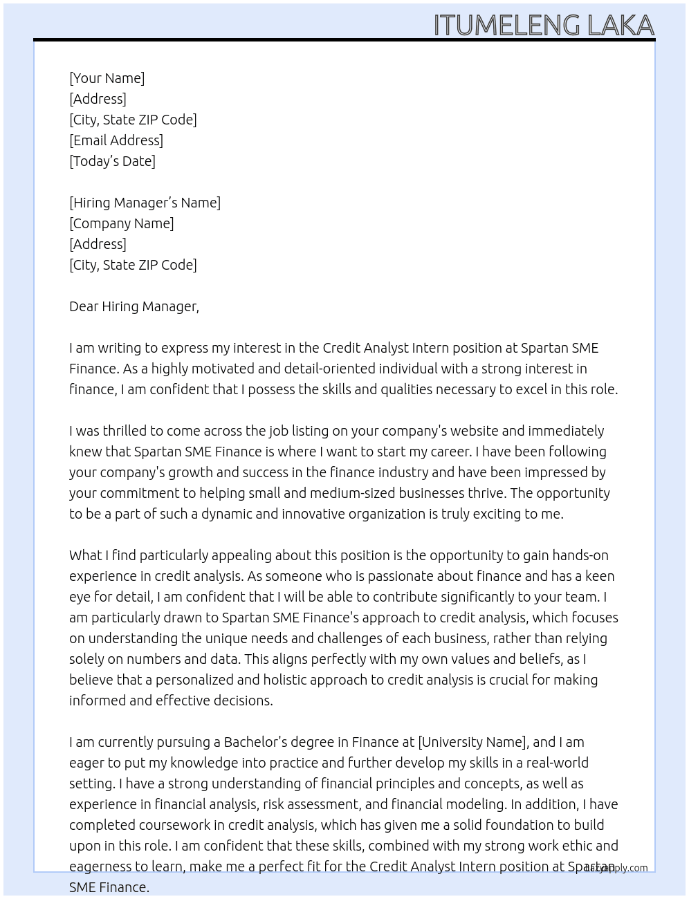 credit analyst intern At spartan SME finance Cover Letter