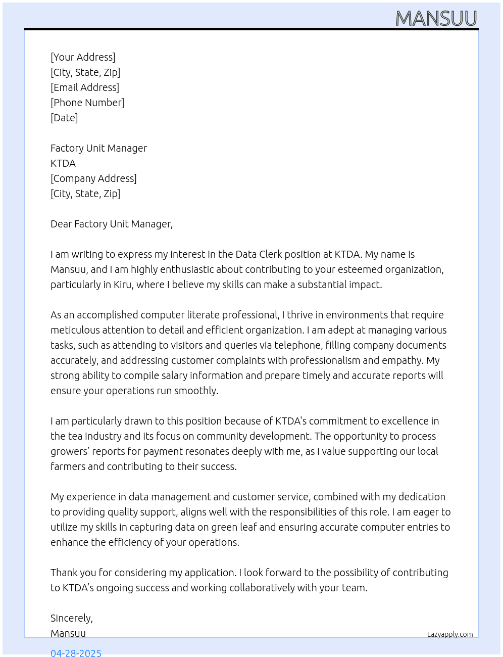data clerk  At ktda Cover Letter