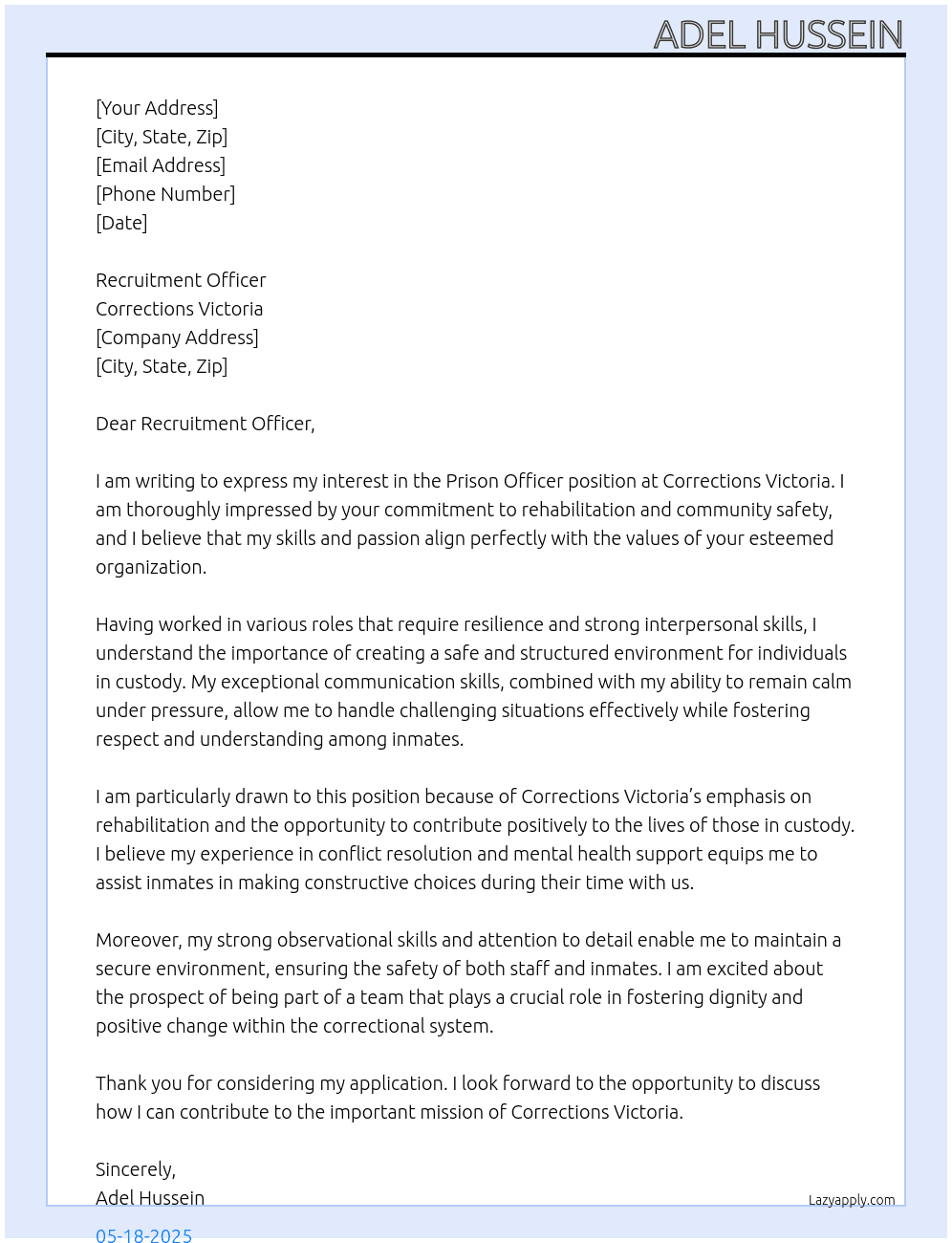 Prison Officer At Corrections Victoria Cover Letter