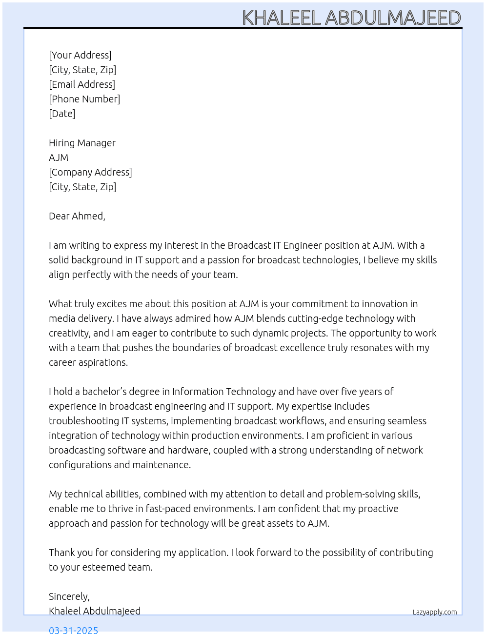 Broadcat IT Engineer At AJM Cover Letter