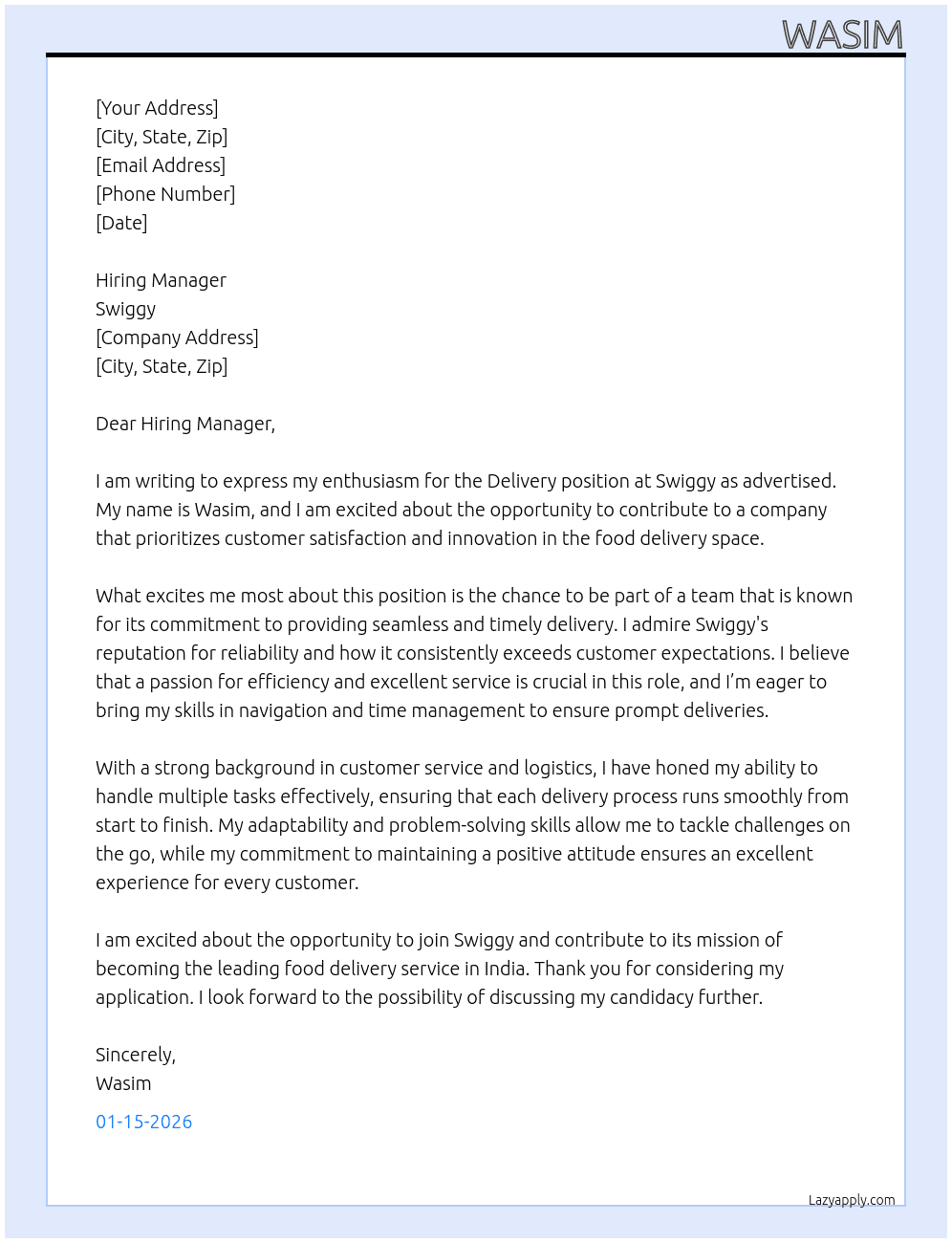 Cover letter for delivery - LazyApply