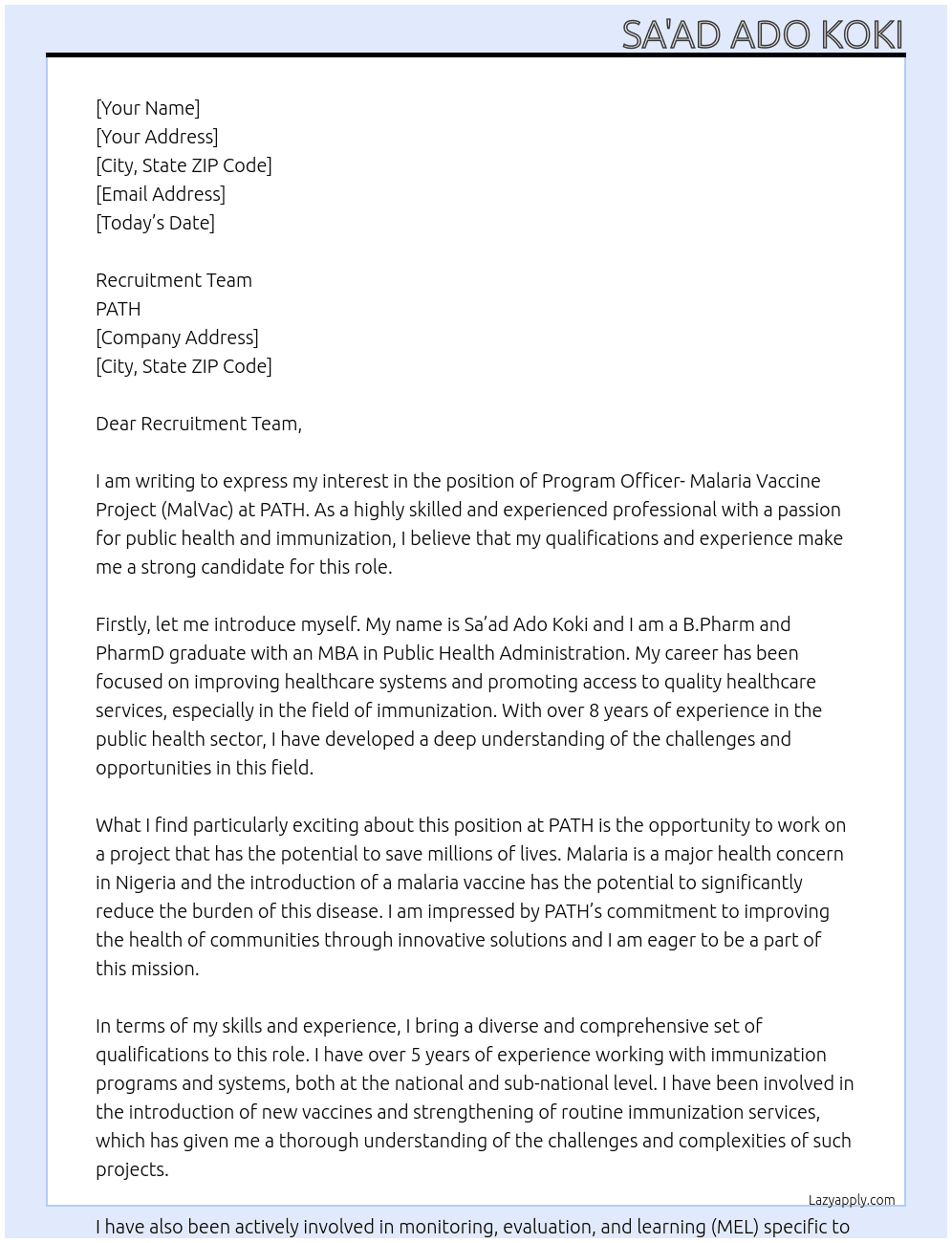 Program Officer- Malaria Vaccine Project (MalVac)- Nigeria At PATH Cover Letter
