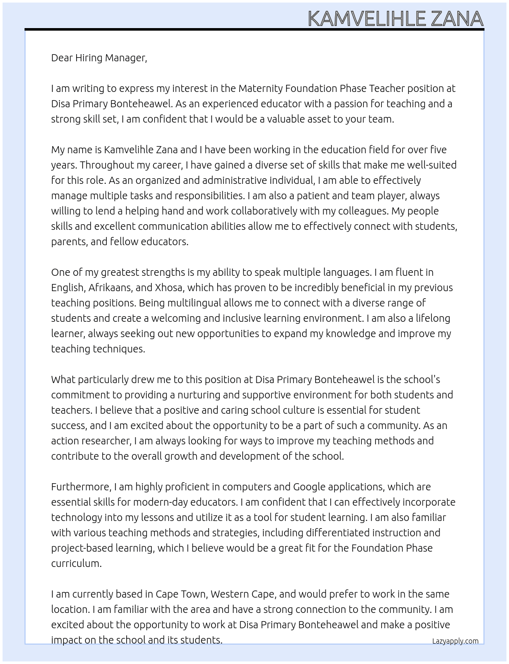 Maternity Foundation phase teacher At Disa Primary Bonteheawel Cover Letter