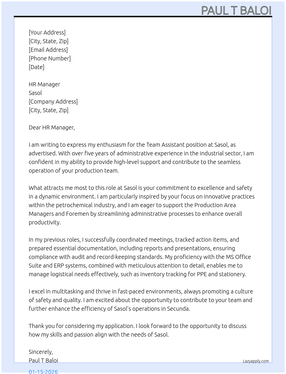 Team Assistant  At Sasol Cover Letter