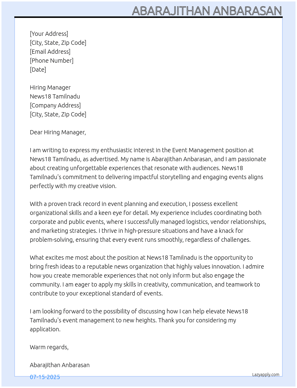 event management At News18 Tamilnadu Cover Letter