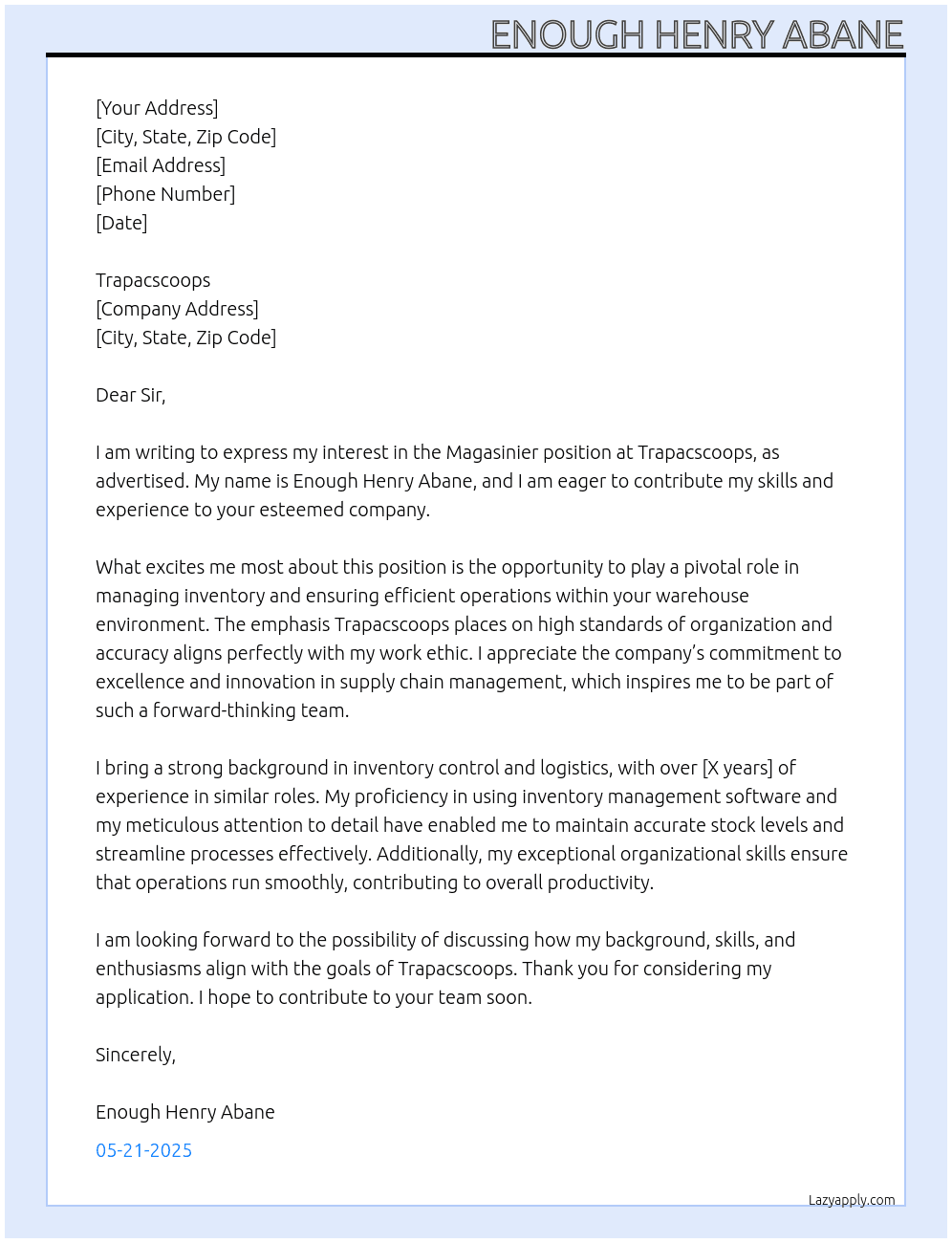 Cover letter for magasinier - LazyApply