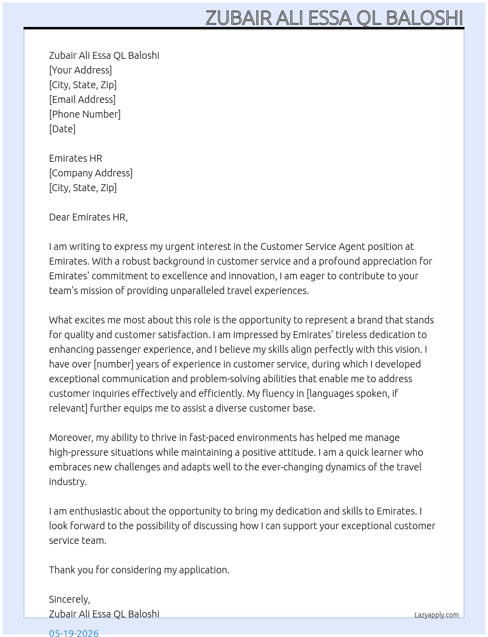  customer service agent At Emirates  Cover Letter