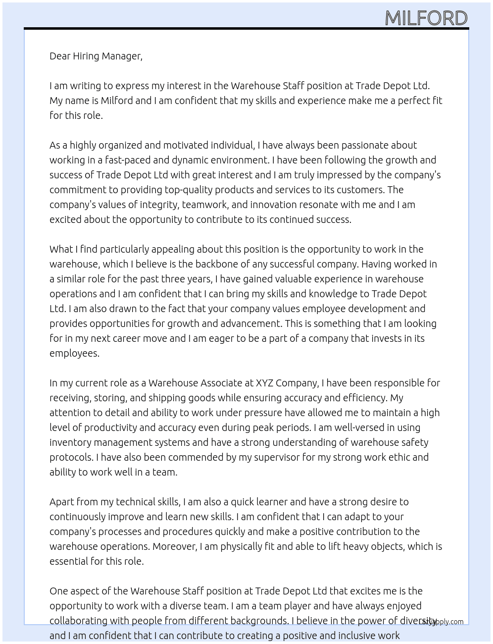 Warehouse Staff At Trade Depot Ltd Cover Letter
