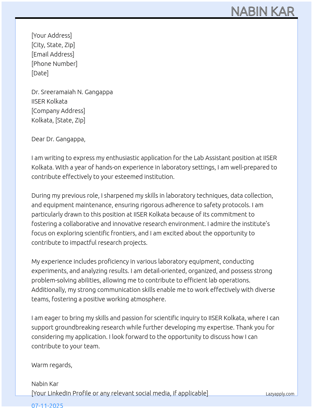 LAB ASSISTANT  At IISER Kolkata  Cover Letter