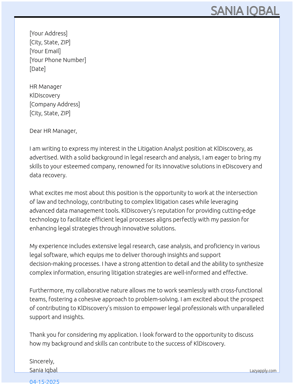 Cover letter for litigation analyst - LazyApply