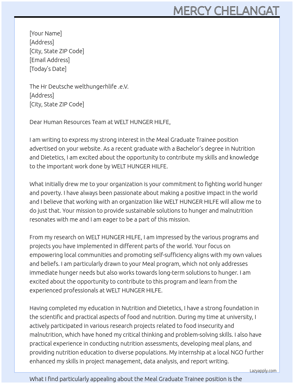 Cover letter for meal graduate trainne - LazyApply