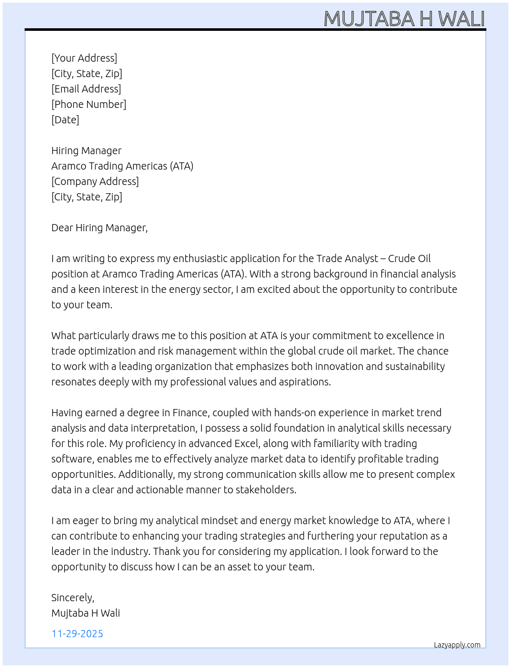 Cover letter for trade analyst - crude oil - LazyApply
