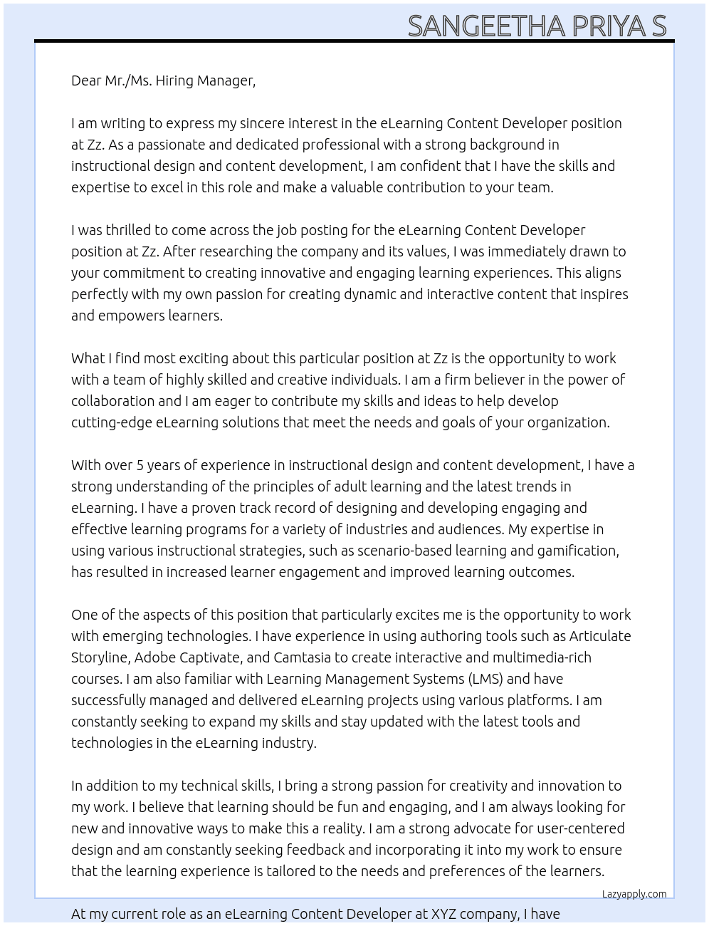 eLearning Content Developer  At Zz Cover Letter
