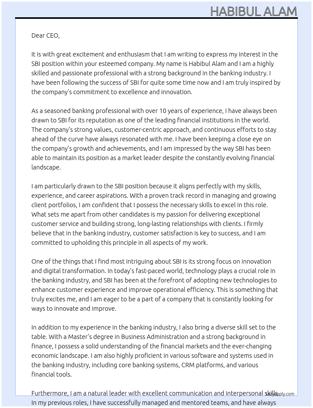 SBI At SBI Cover Letter