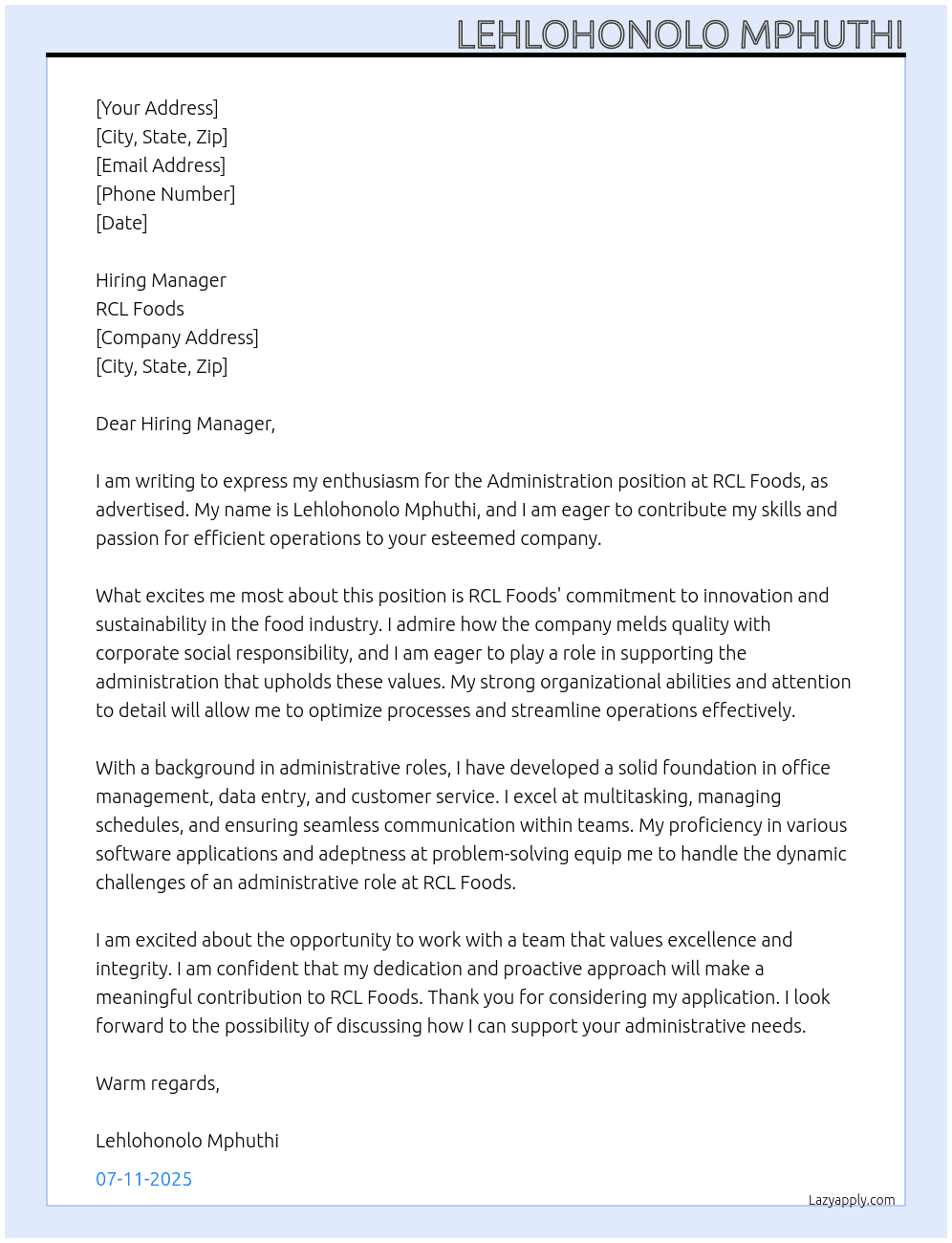 Administration  At RCL Foods Cover Letter