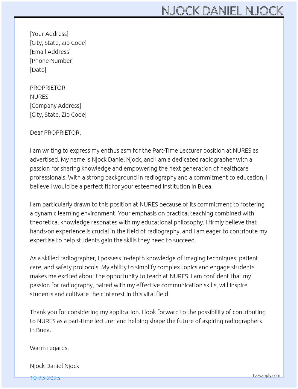 PART TIME LECTUERER At NURES Cover Letter