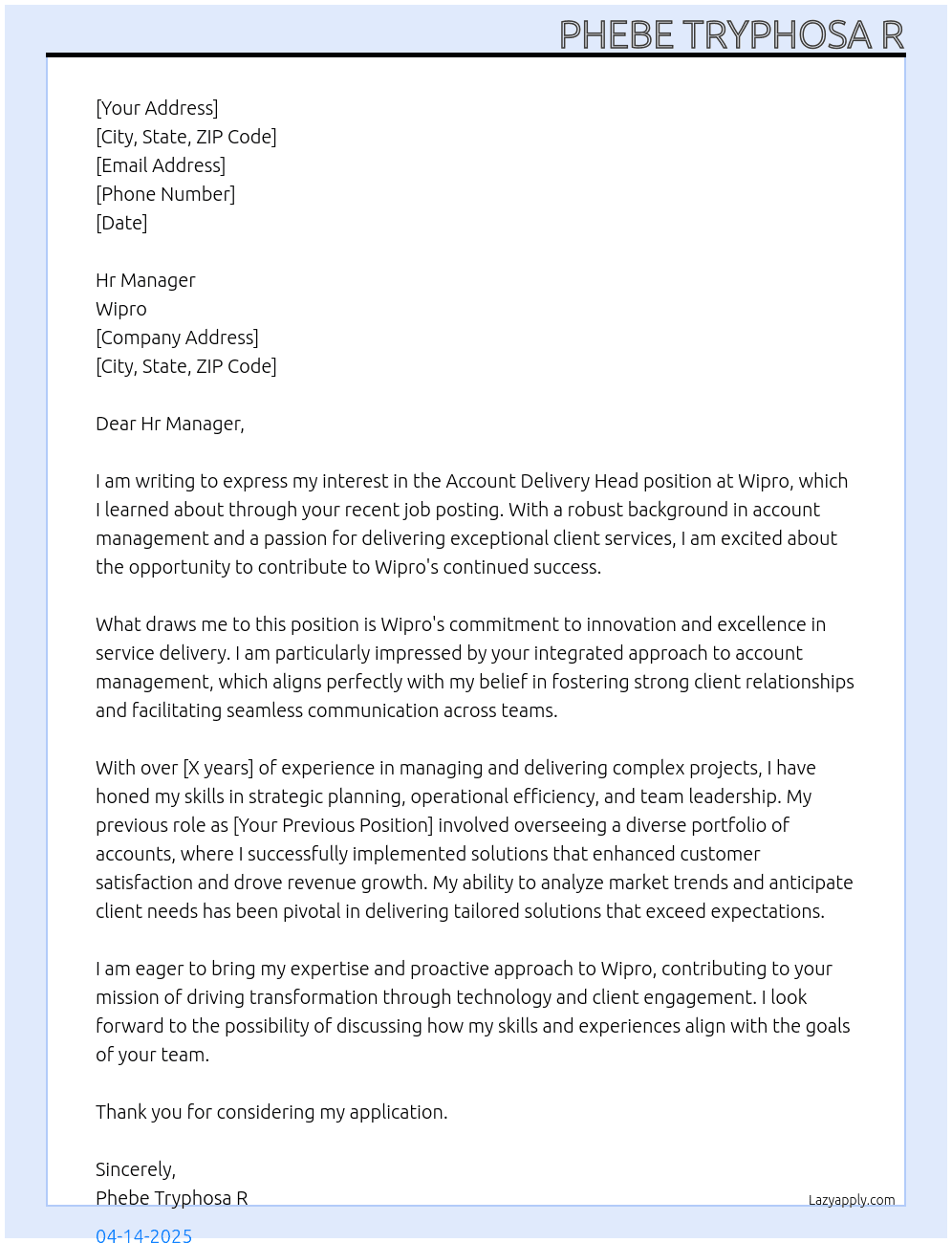 Cover letter for account delivery head - LazyApply