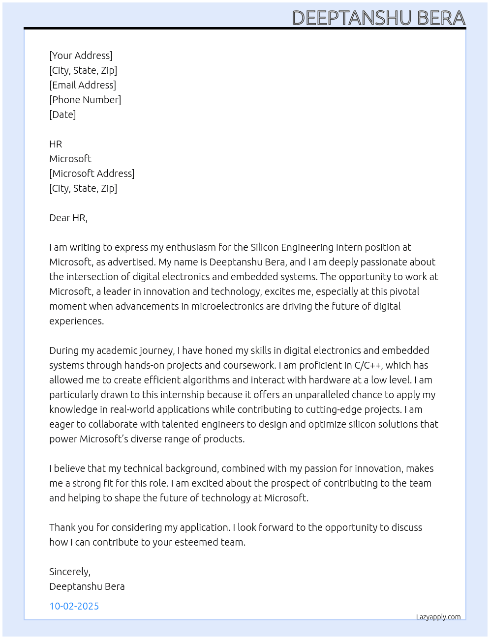 Silicon Engineering Intern At Microsoft Cover Letter