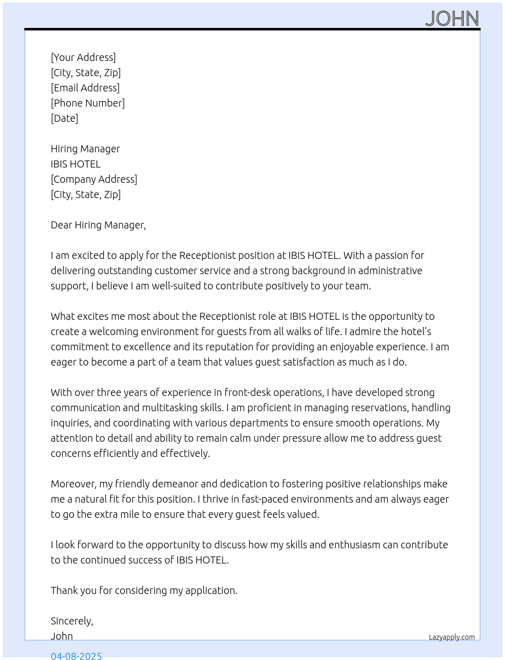 Receptionist At IBIS HOTEL  Cover Letter