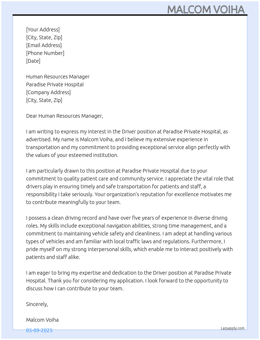 Driver position  At Paradise private hospital  Cover Letter