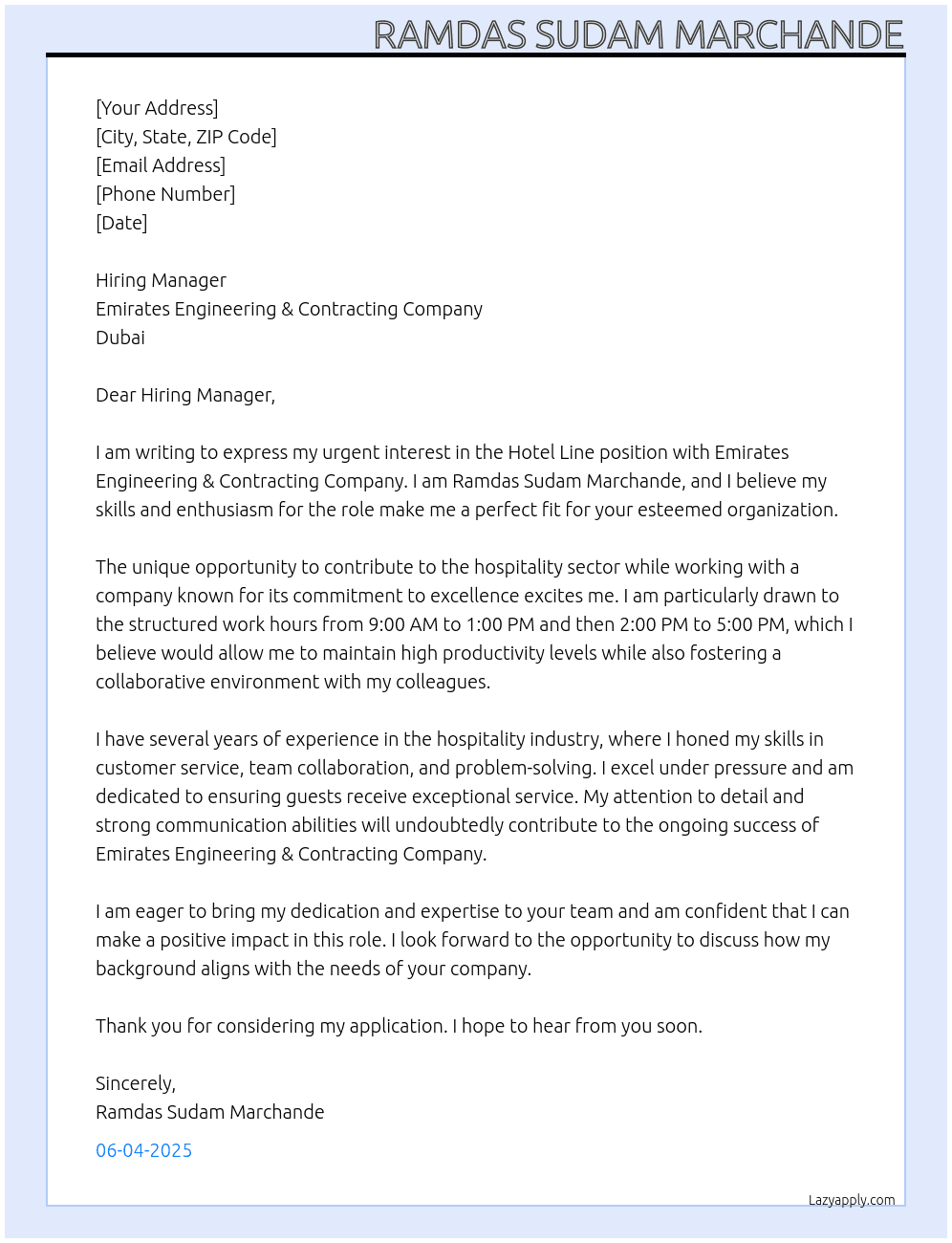 Hotel Line  At Emirates Engineering & Contracting company Dubai  Cover Letter