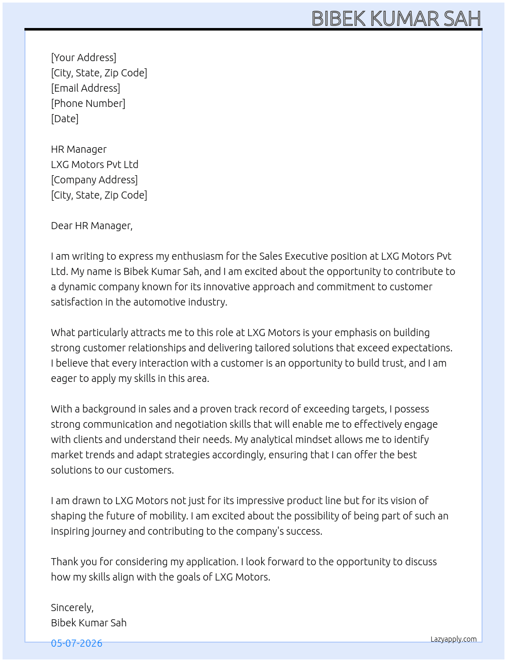 Sales Executive At LXG Motors Pvt Ltd Cover Letter