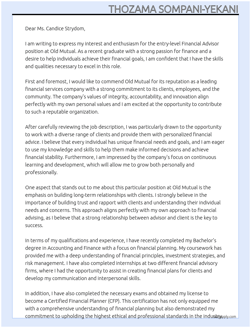 Cover letter for entry-level financial advisor - LazyApply