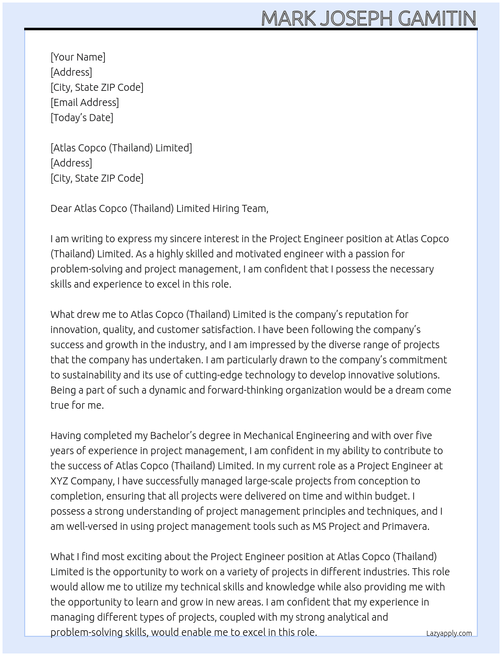 Project Engineer At Atlas Copco (Thailand) Limited Cover Letter