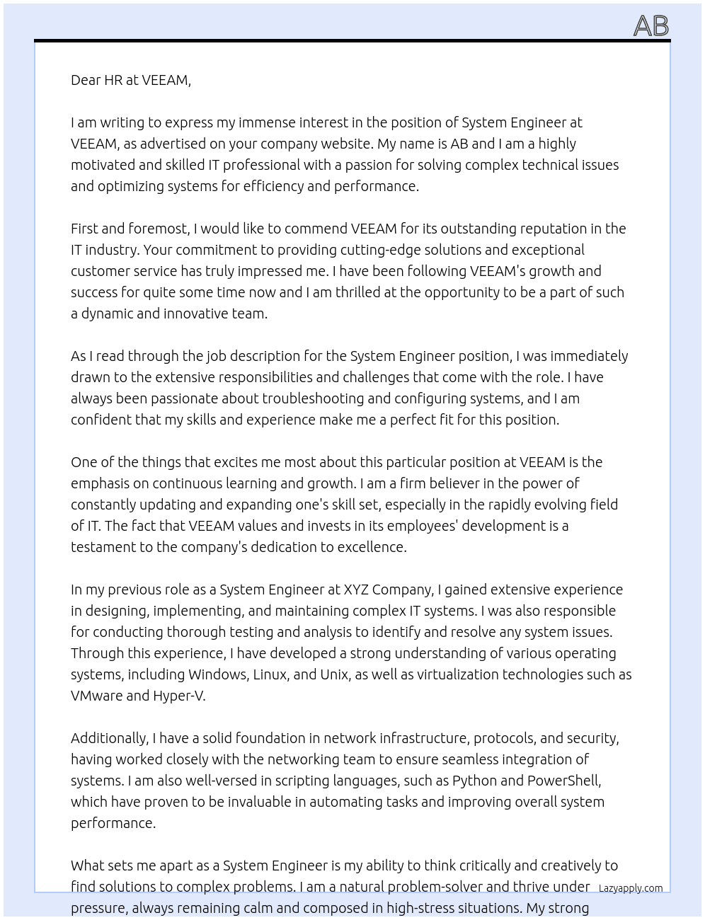 System Engineer At VEEAM Cover Letter