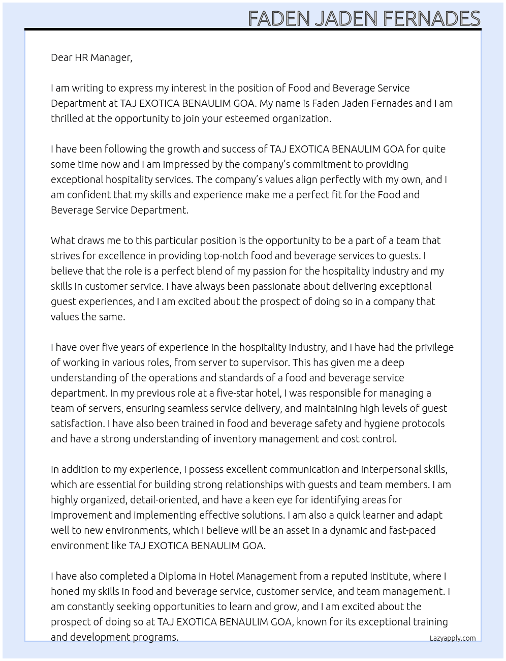 Cover letter for food and beverage service department - LazyApply