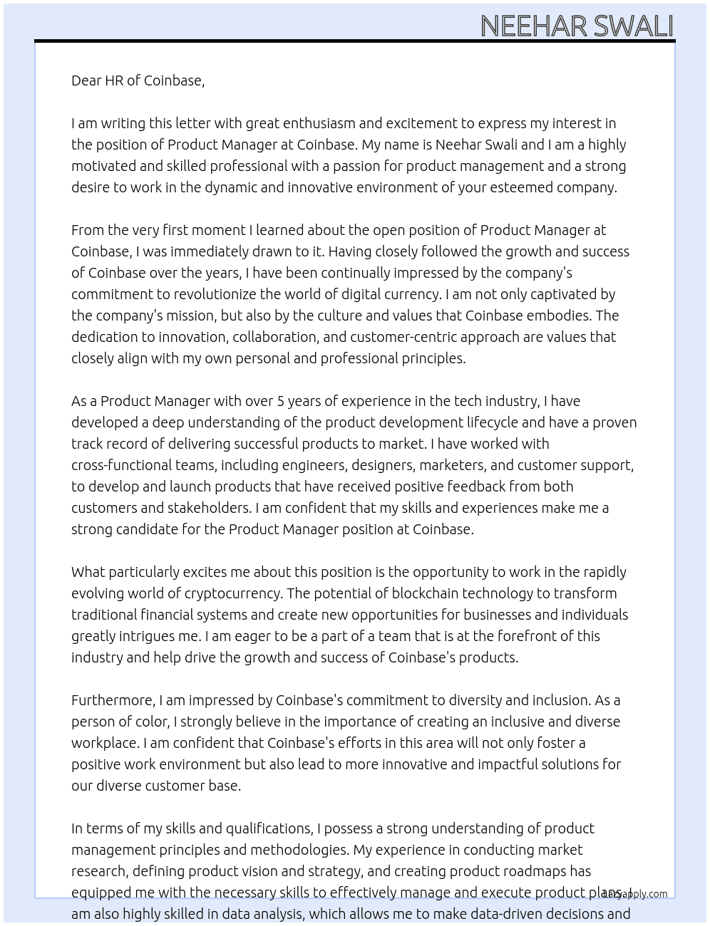 Product Manager At Coinbase Cover Letter