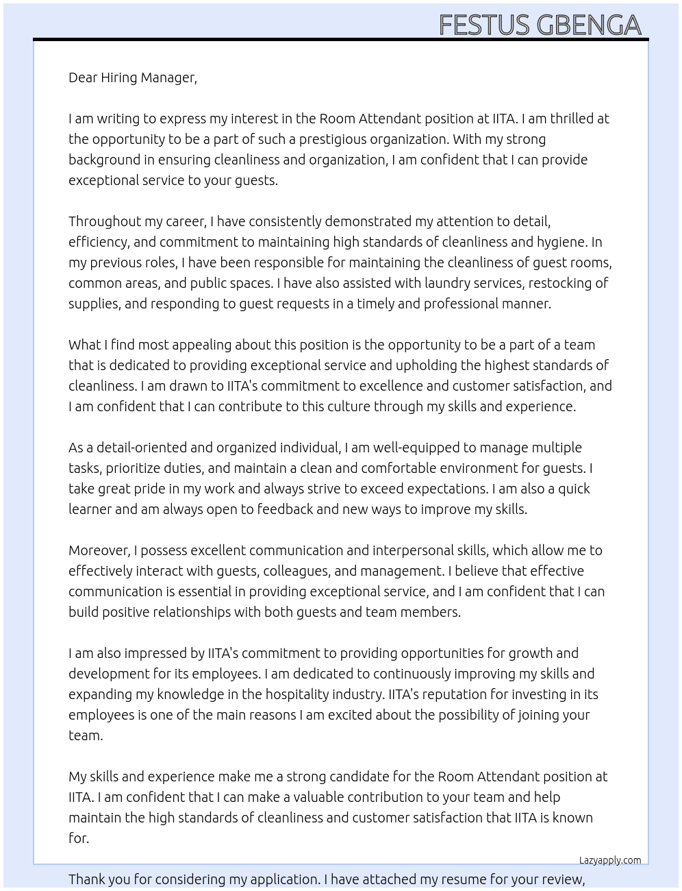 Room attendant  At IITA Cover Letter