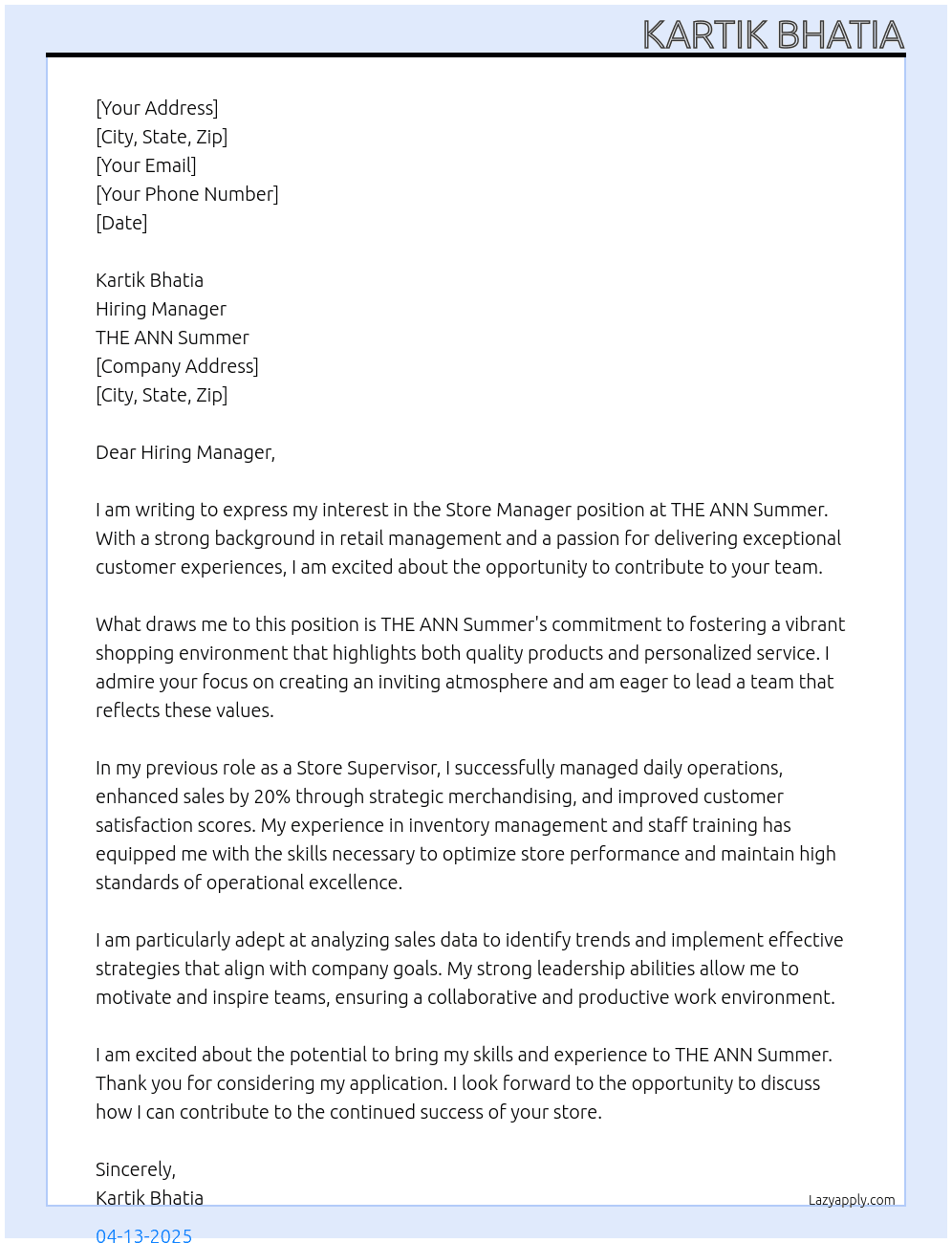 STORE MANAGER At THE ANN summer Cover Letter
