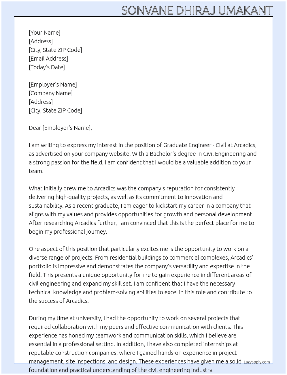 Cover letter for graduate engineer - civil - LazyApply