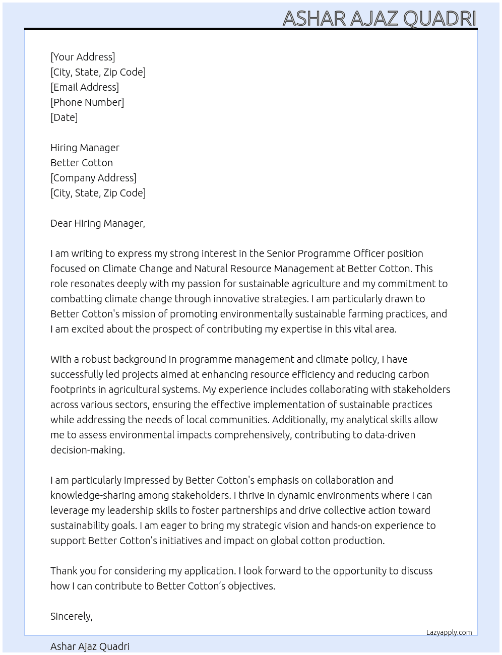 Senior Programme Officer – Climate Change and Natural Resource Management At Better Cotton Cover Letter