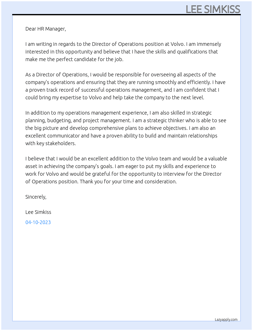 Director of operations  At Volvo  Cover Letter