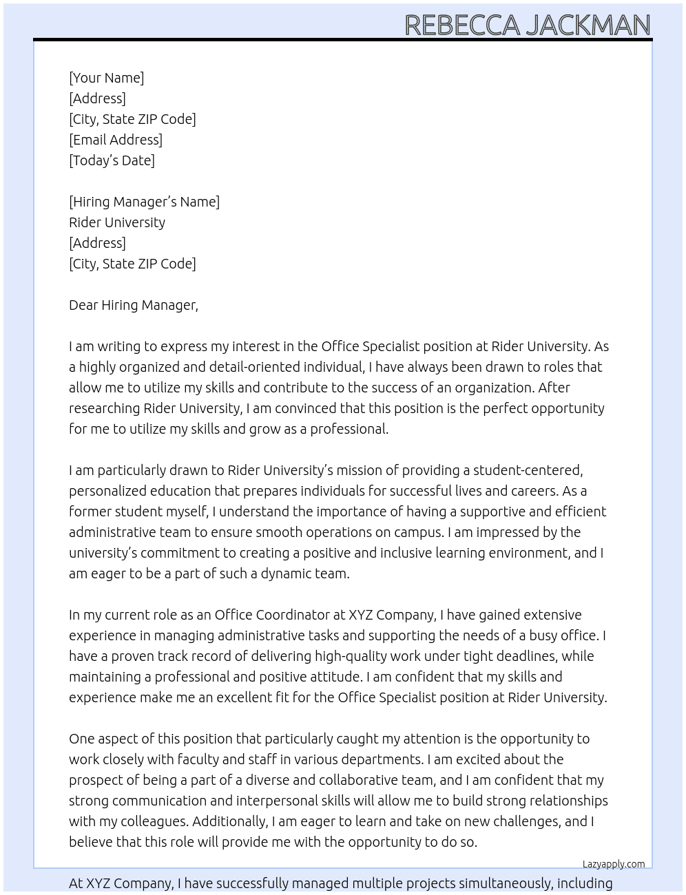Office specialist At Rider University Cover Letter