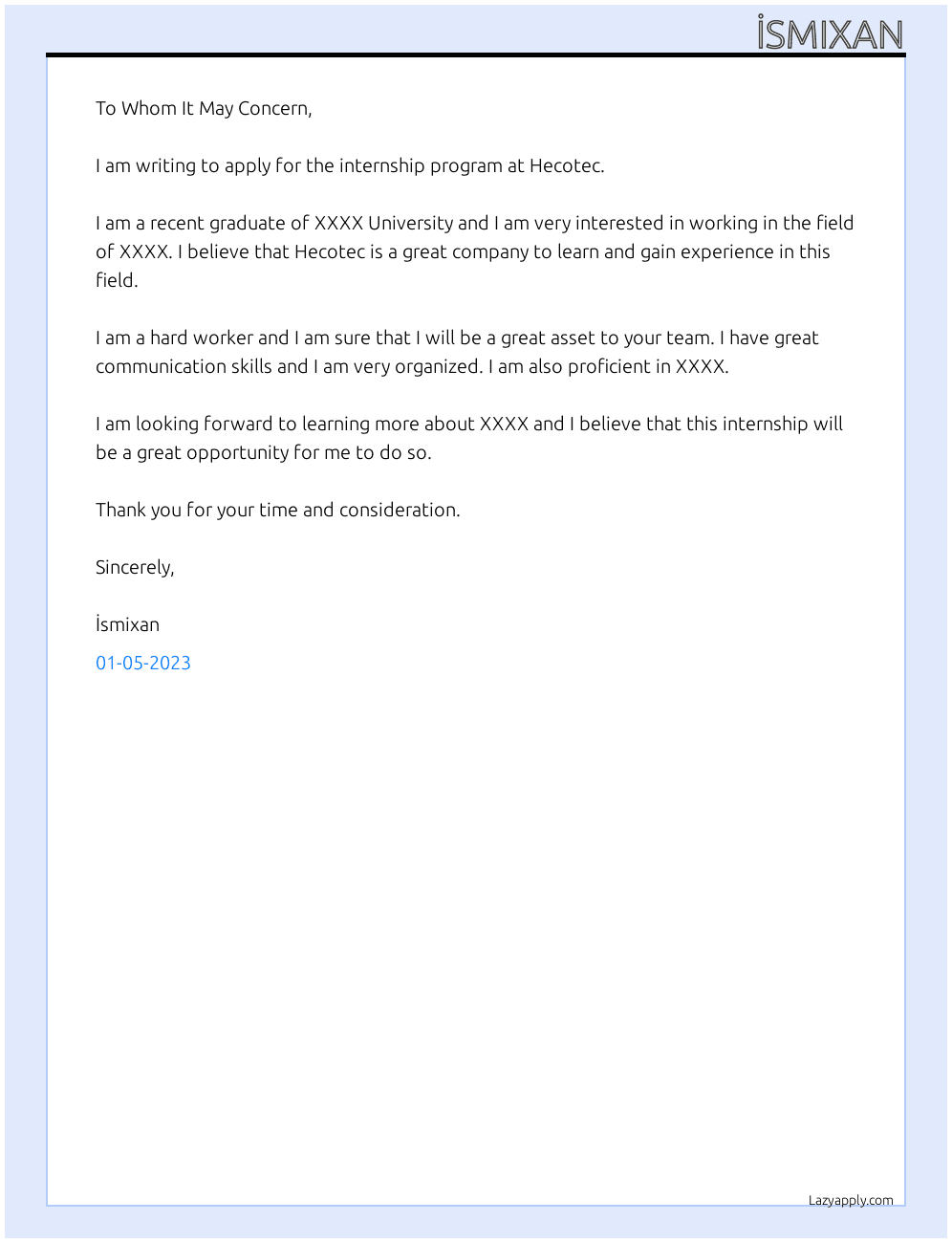 İnternship program At Hecotec Cover Letter