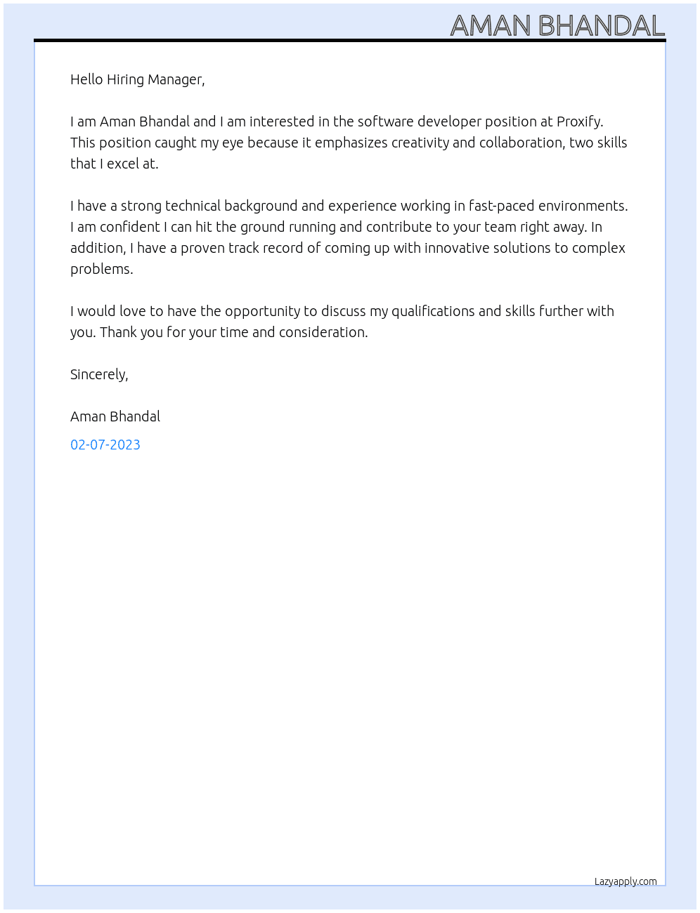 Software developer At Proxify Cover Letter