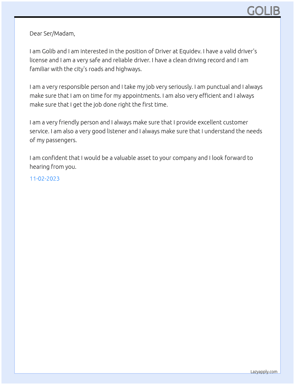 Driver At Equidev Cover Letter