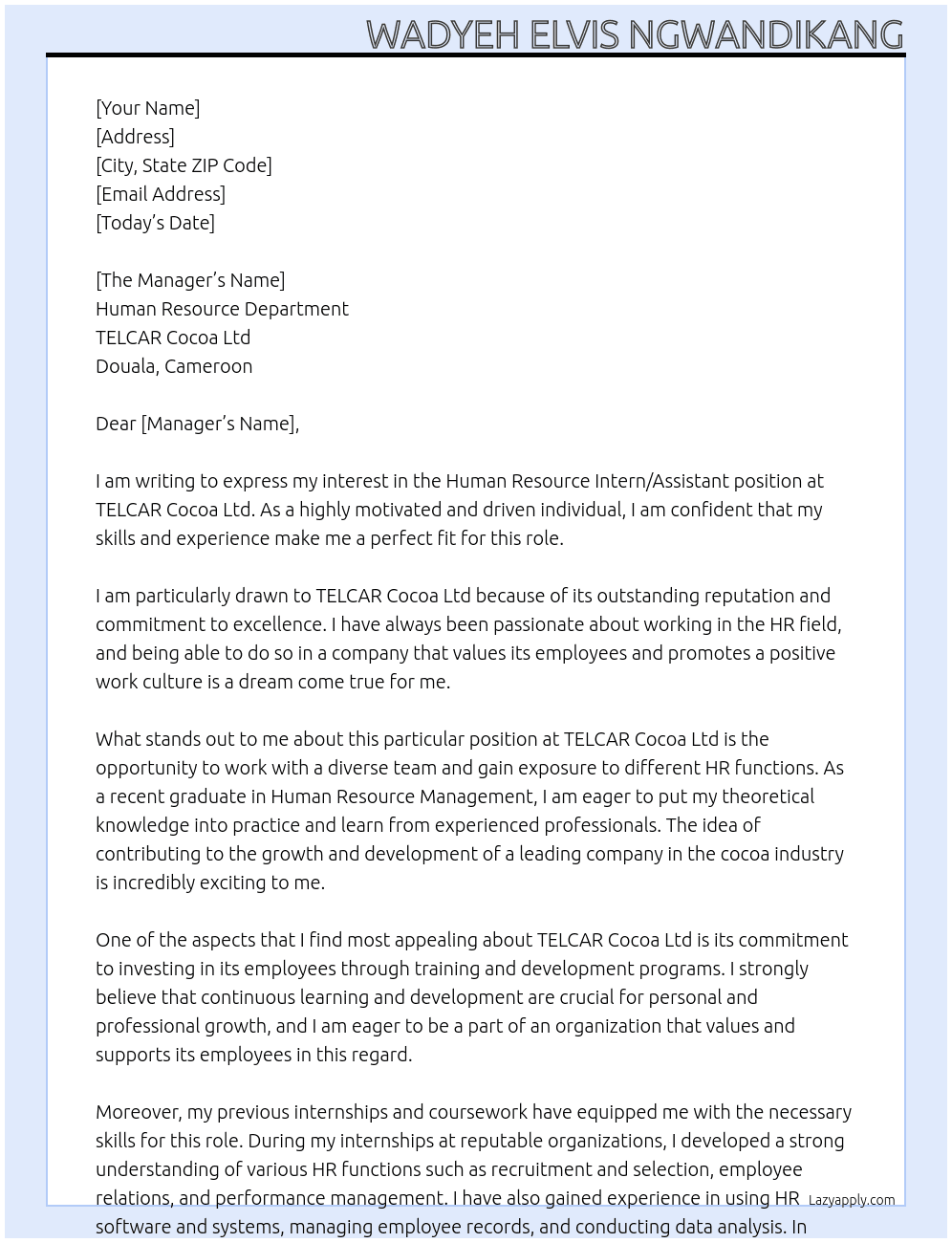 Human Resource Intern/Assistant At TELCAR Cocoa Ltd Douala, Cameroon Cover Letter