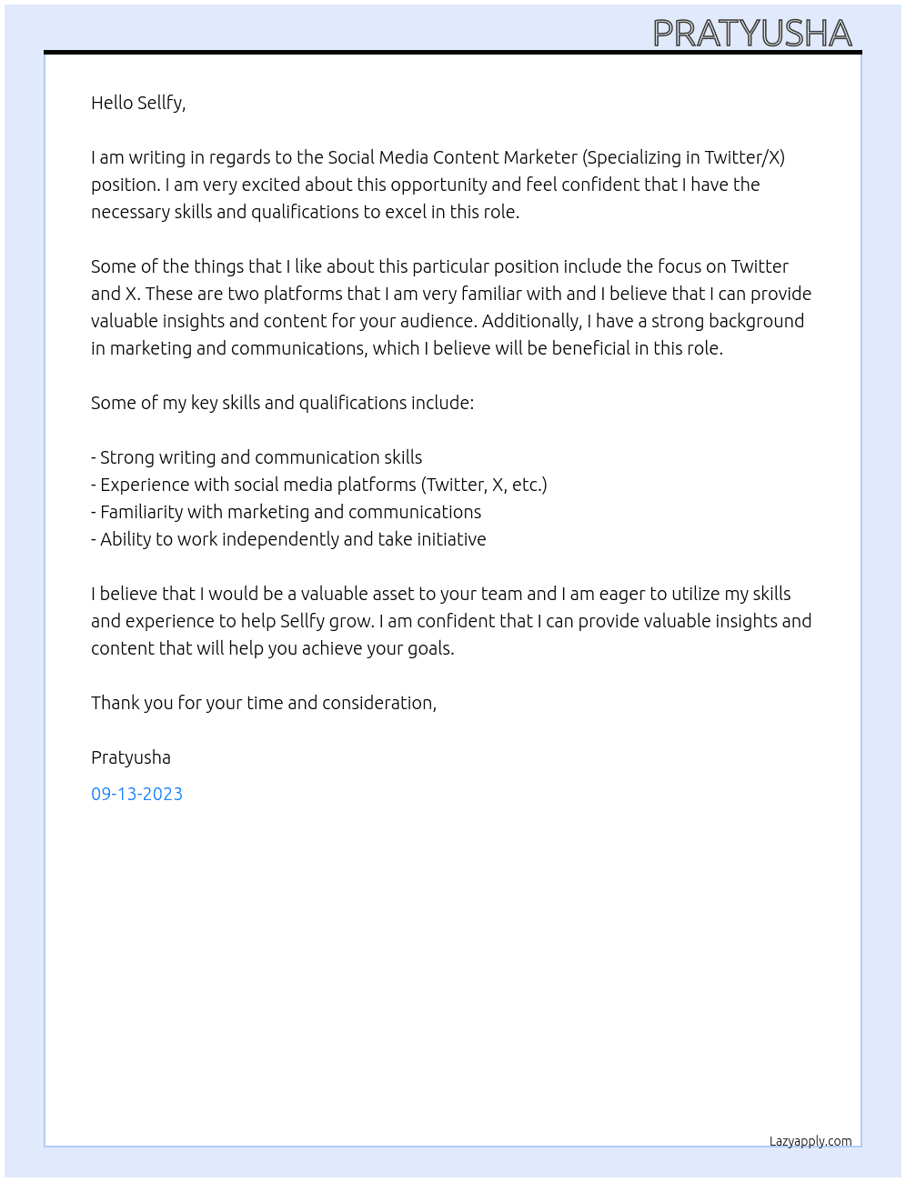 Social Media Content Marketer (Specializing in Twitter/X) At Sellfy Cover Letter
