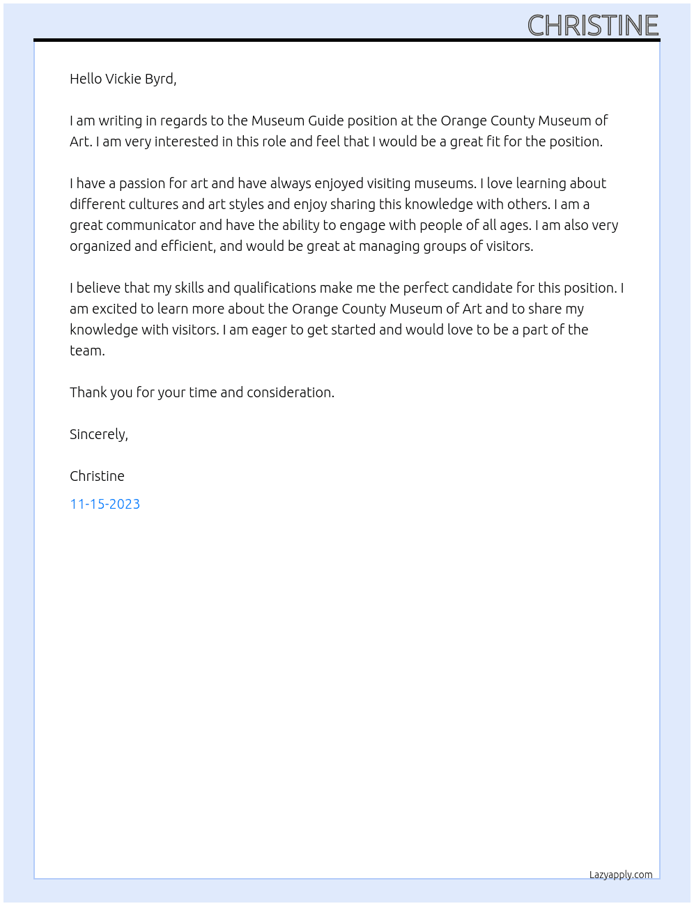 Museum Guide At Orange County Museum of Art Cover Letter