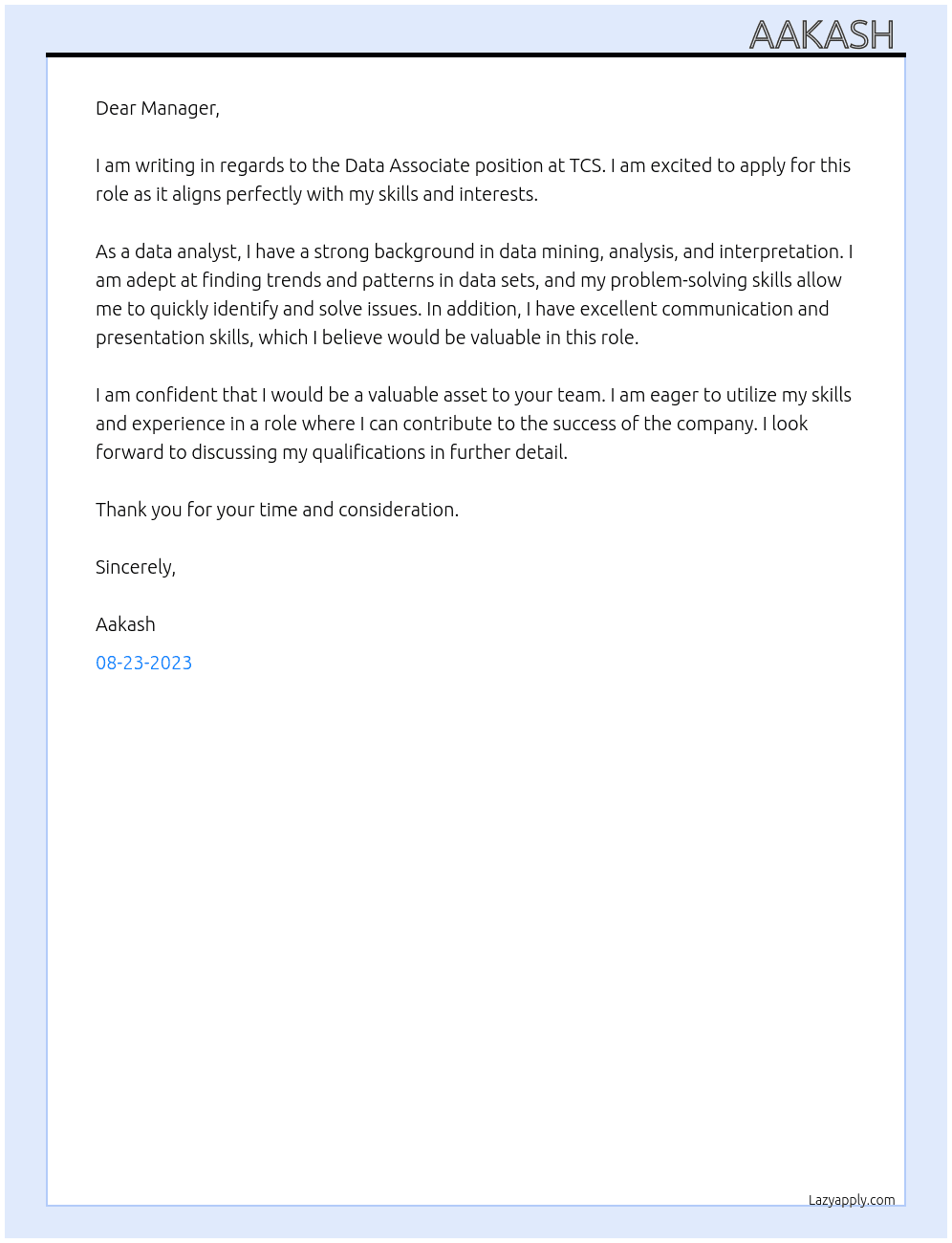 Data Associate At TCS Cover Letter