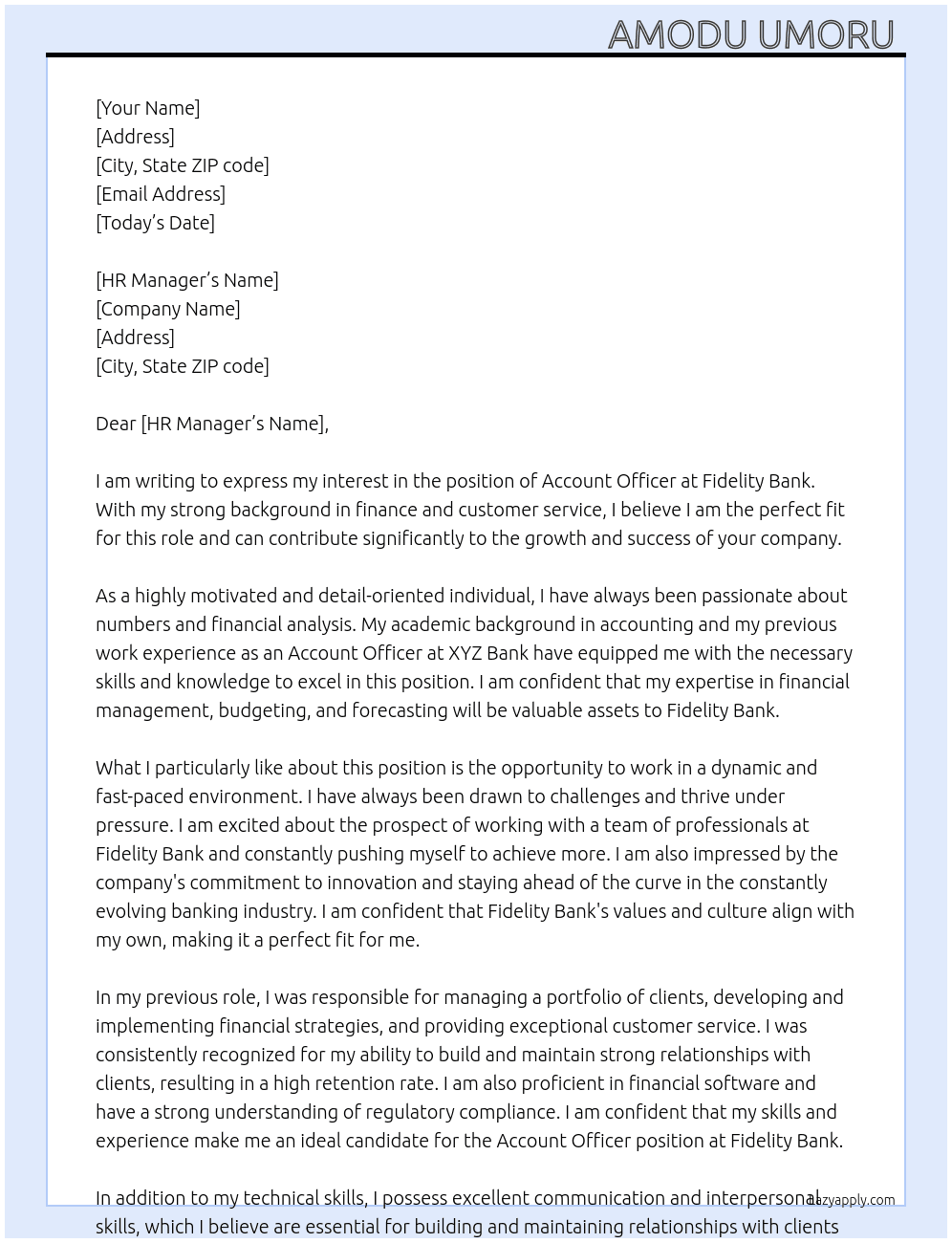 Account officer  At Fidelity Bank  Cover Letter