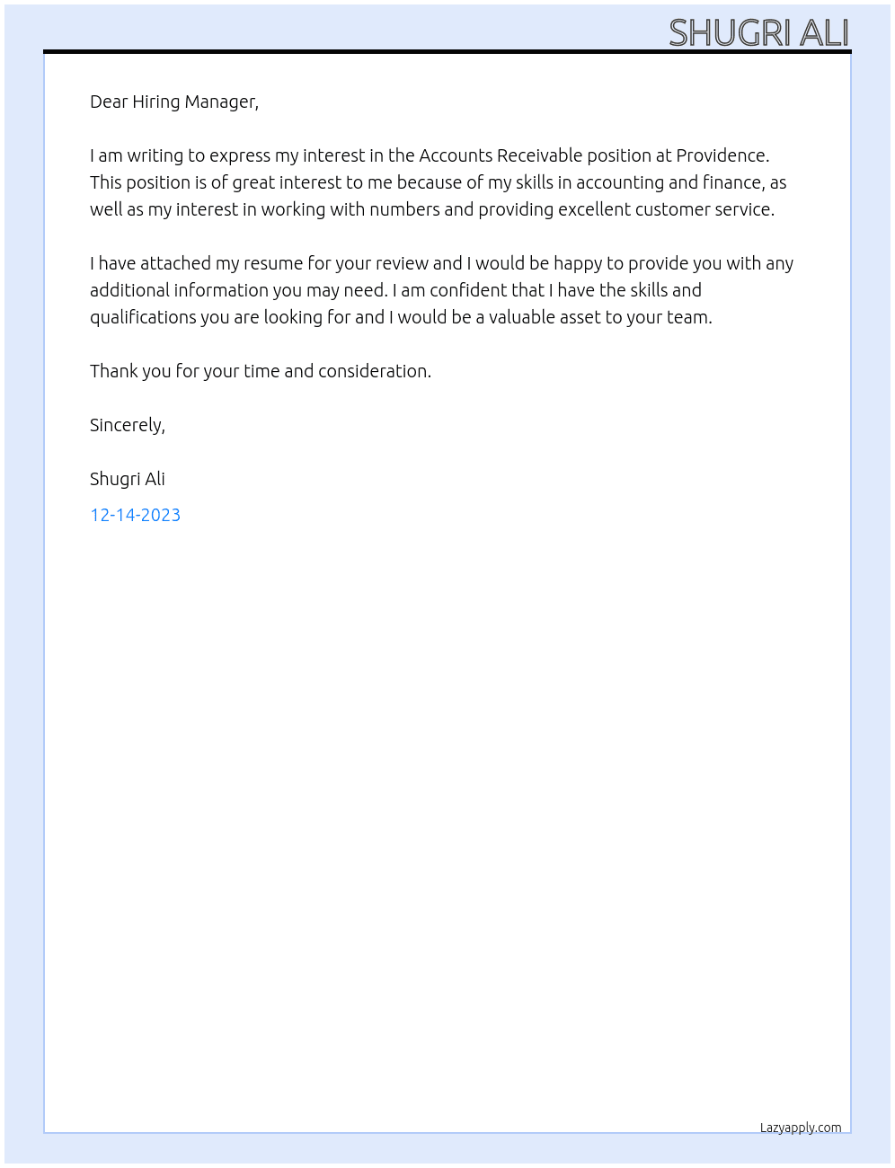 Accounts Receivable At Providence Cover Letter