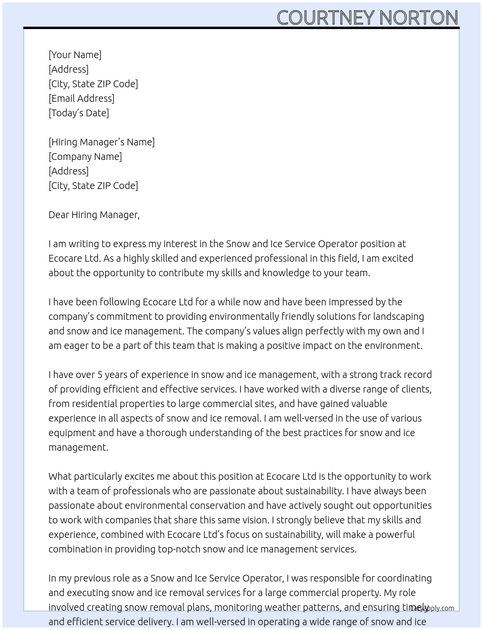 Snow and Ice Service Operator At Ecocare Ltd Cover Letter