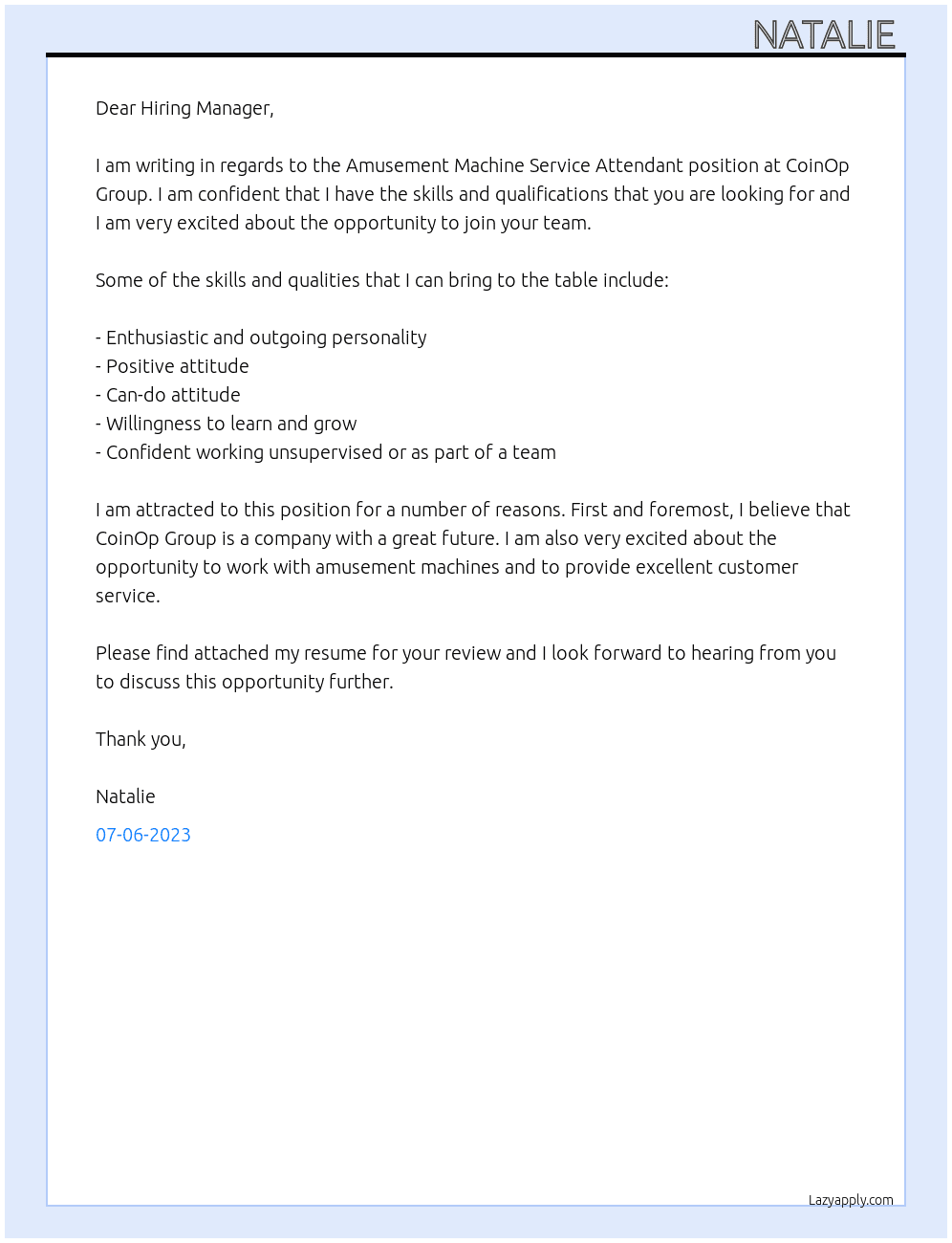Amusement machine service attendant  At CoinOp group Cover Letter